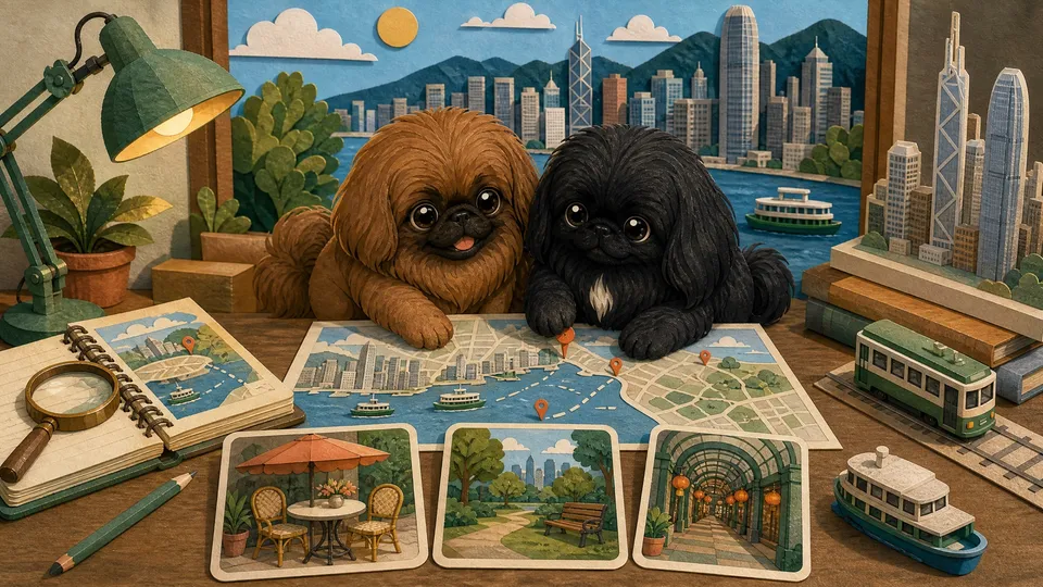 Missy and Muffin reviewing a Hong Kong dog-friendly outing map at the DogDogHK field desk