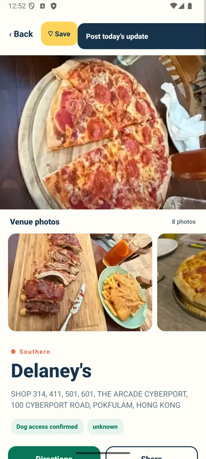A dogdoghk App restaurant page showing photos, address and dog-access status