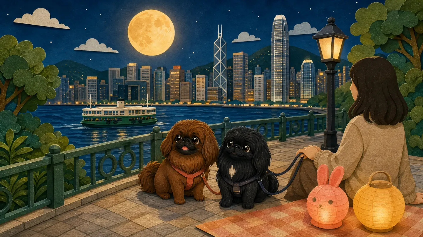Cut-paper illustration of Missy and Muffin on leads beside lanterns, with a full moon, ferry and Hong Kong skyline