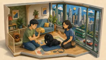 An owner and trainer practising calm behaviour work with two Pekingese dogs in a Hong Kong home