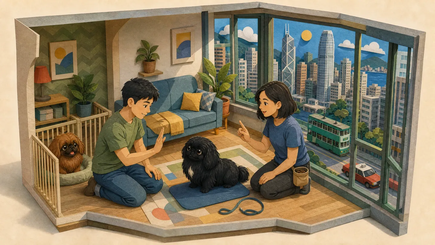 主人與導師在香港家居內陪兩隻北京狗練習安定行為