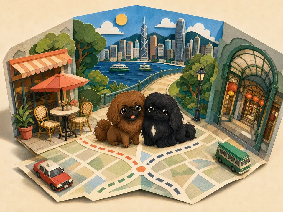 Missy and Muffin sit on a fold-out Hong Kong map surrounded by a café, harbour promenade, Star Ferries and a covered mall