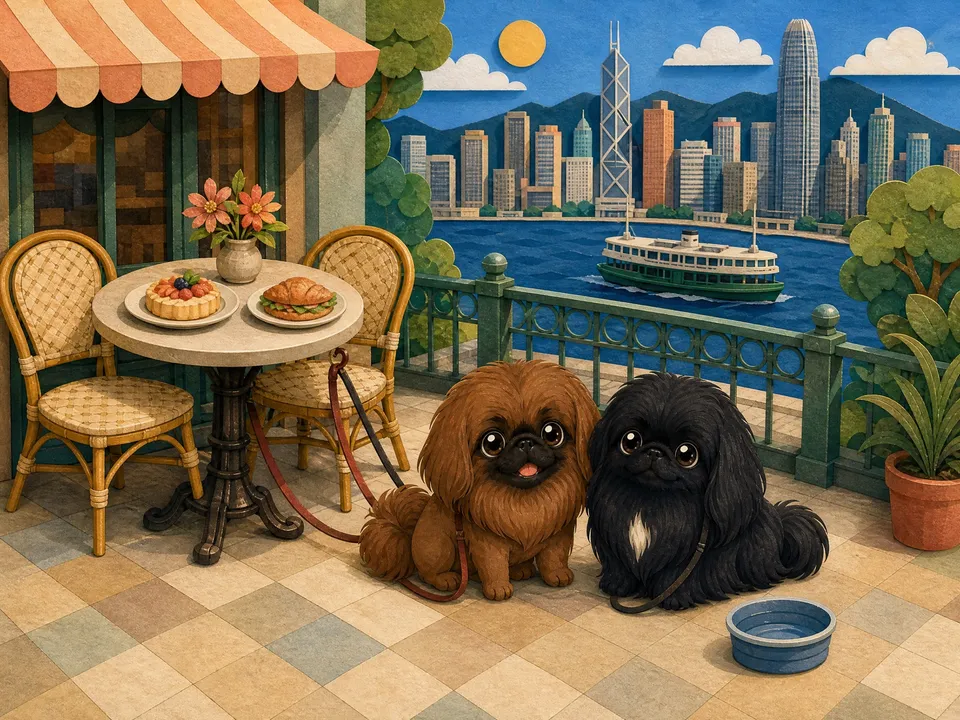 Missy 同 Muffin 喺香港海旁 café 地面安坐,短狗繩扣好,水兜同人用餐具分開