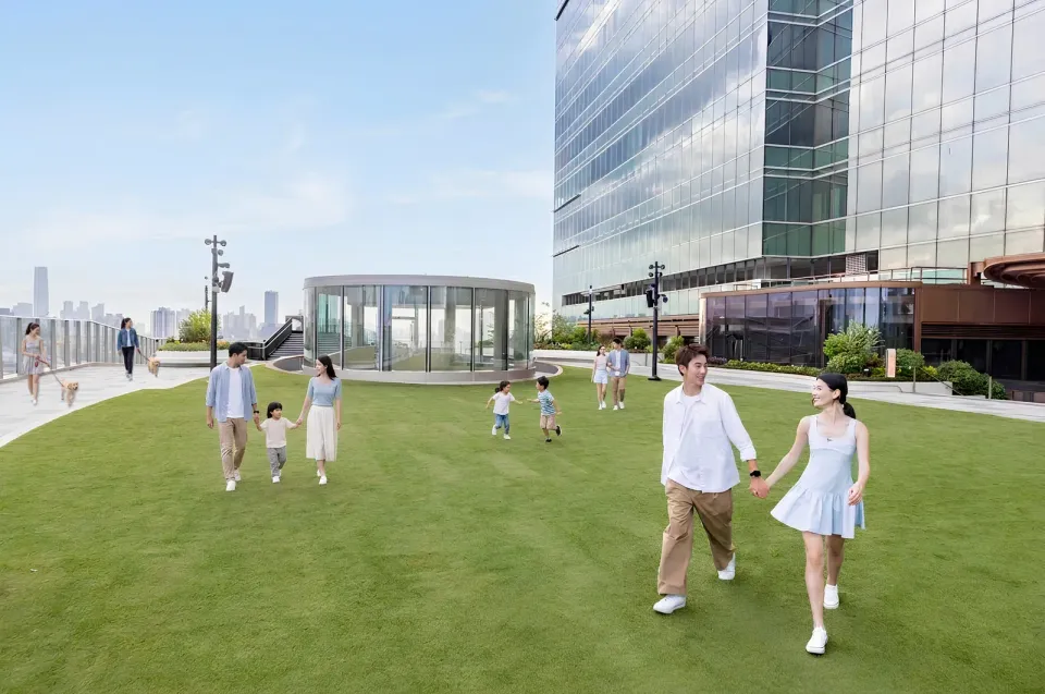 Mega Sky rooftop lawn at MegaBox with families and leashed dogs