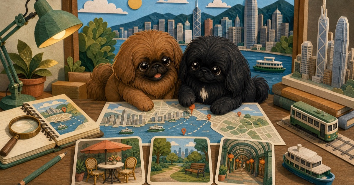 Missy and Muffin looking at a Hong Kong map, with ferries and the skyline behind them
